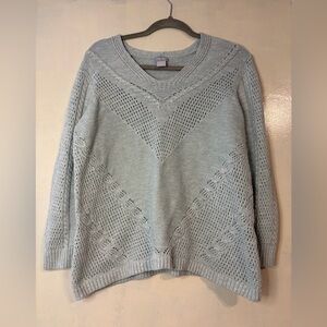 Chicos women’s v neck crochet blue sweater size L knit academia casual modest